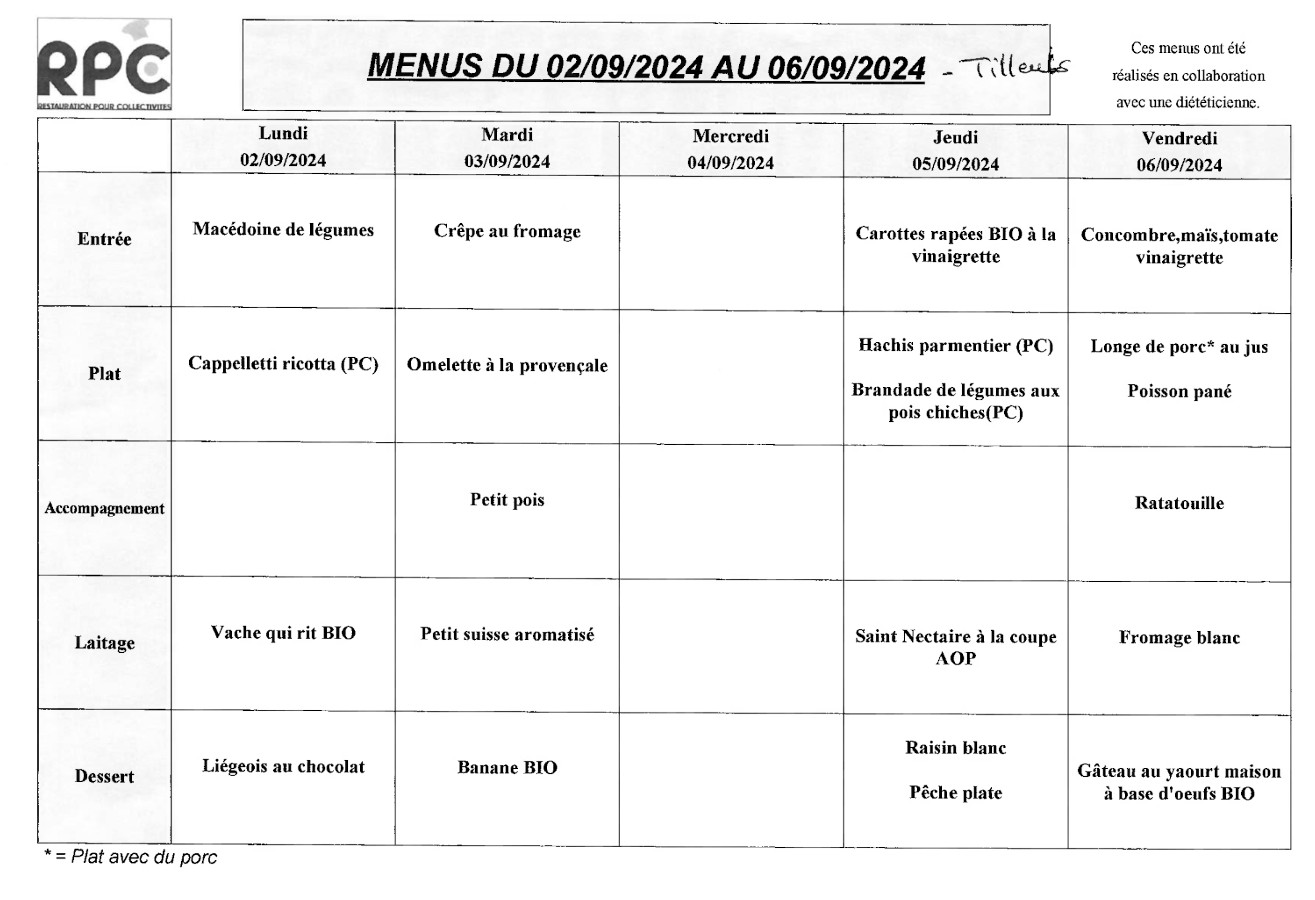 Menu Tilleuls du 2 au 6 septembre 2024