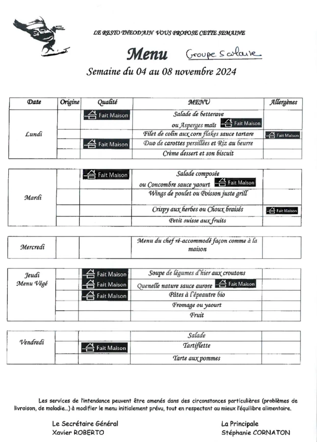 Menu du 4 au 8 novembre 2024