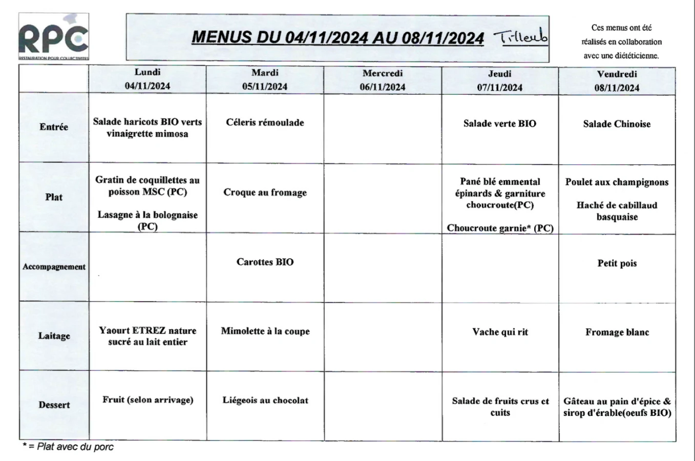 Menu Tilleuls du 4 au 8 novembre 2024