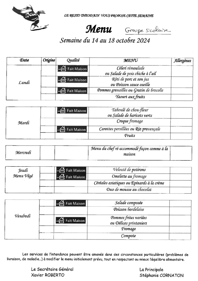 Menu du 14 au 18 octobre 2024