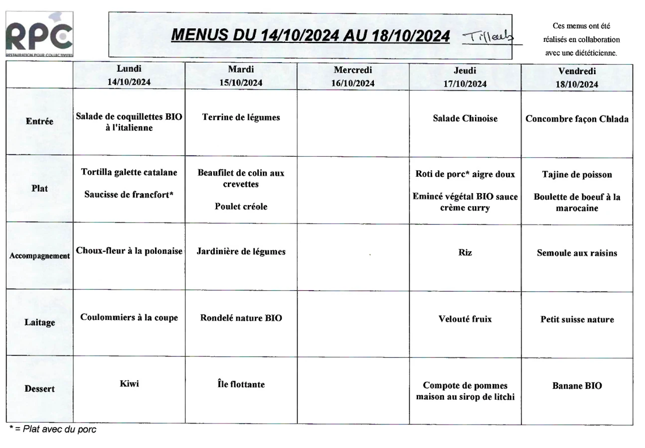 Menu Tilleuls du 14 au 18 octobre 2024