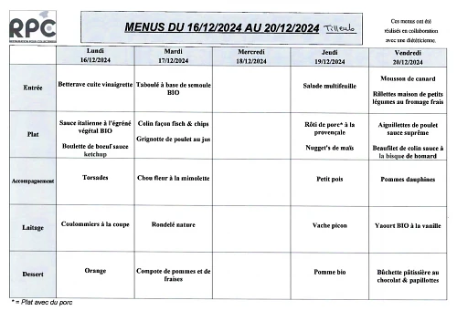 Menu Tilleuls du 16 au 20 décembre 2024