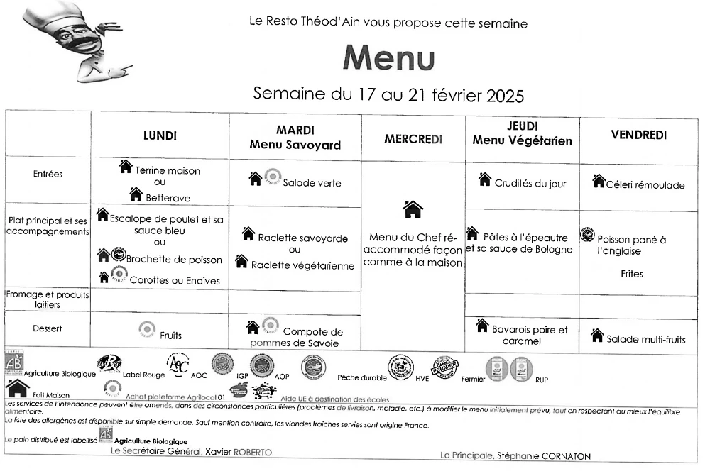 Menu du 17 au 21 Février 2025