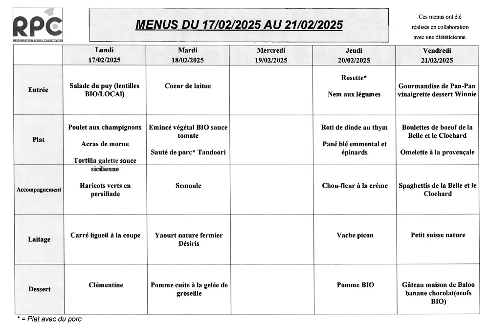 Menu Tilleuls du 17 au 21 Février 2025