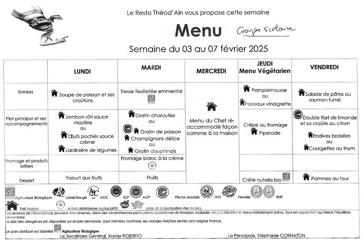 Menu du 03 au 07 Février 2025