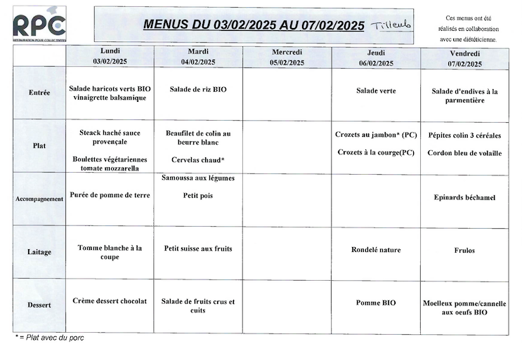 Menu Tilleuls du 03 au 07 Février 2025