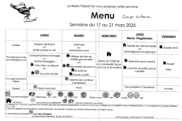 Menu du 17 au 21 Mars 2025